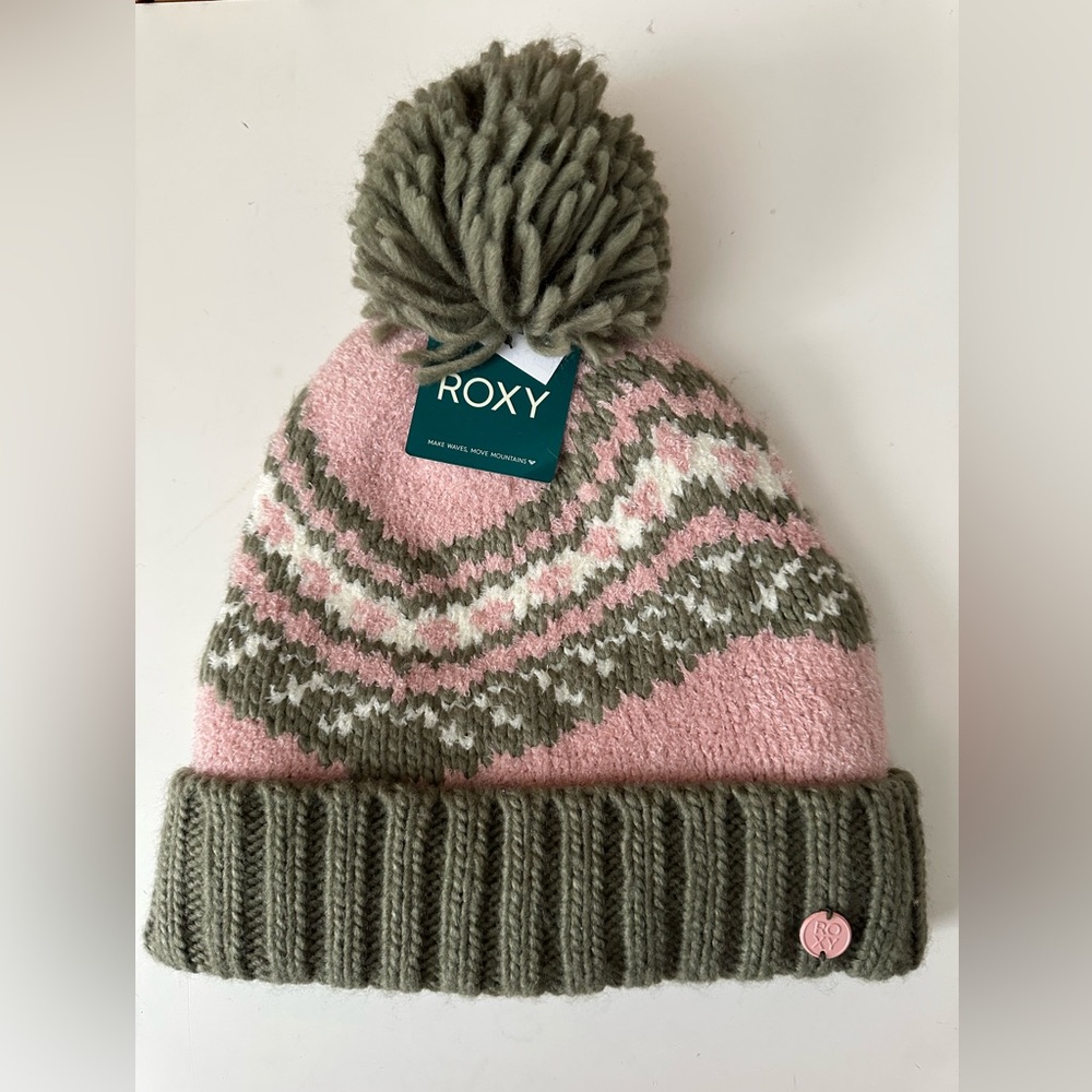 Roxy Olive and Pink Knit Beanie with Pom-Pom